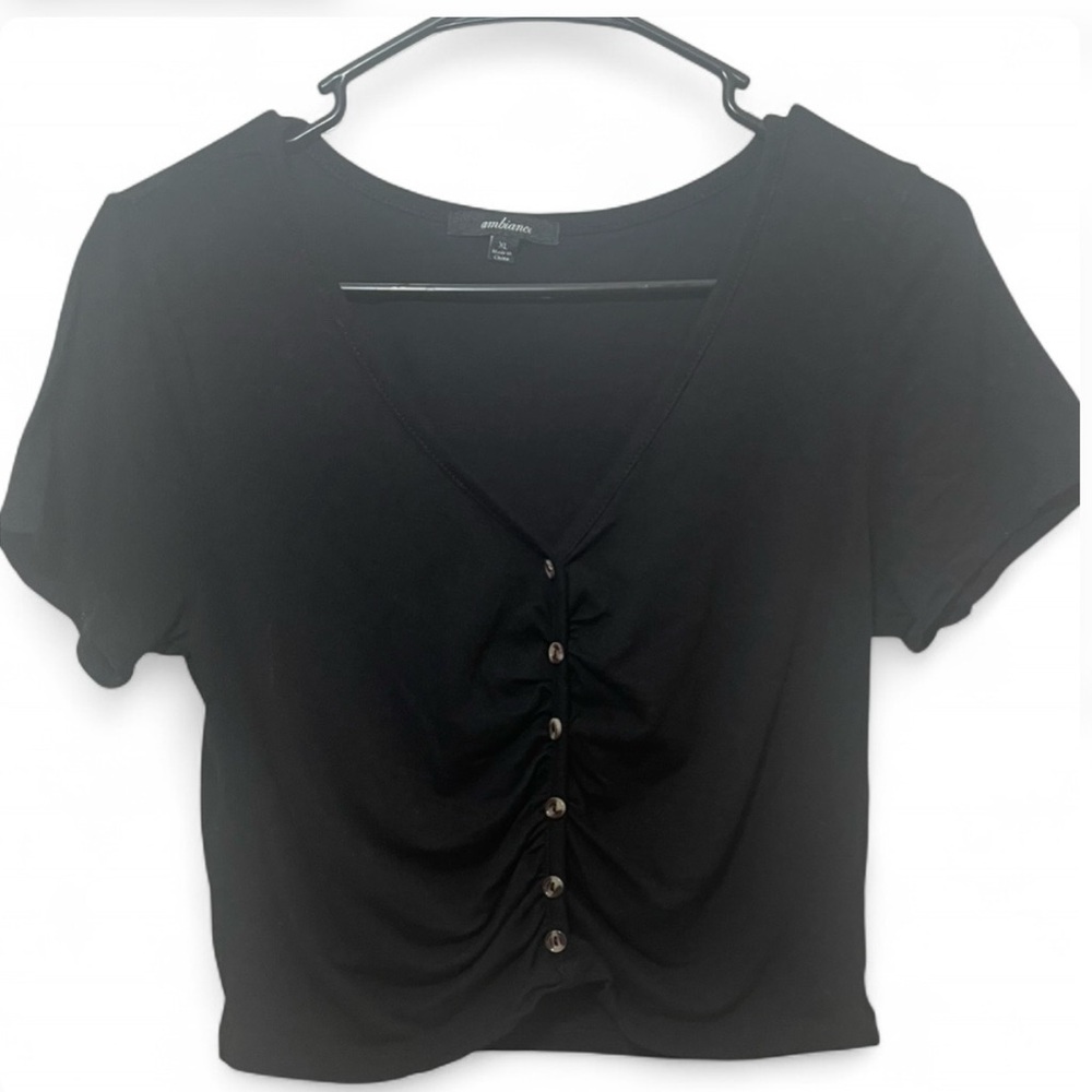Ambiance Black Ruched Button-Front Crop Top